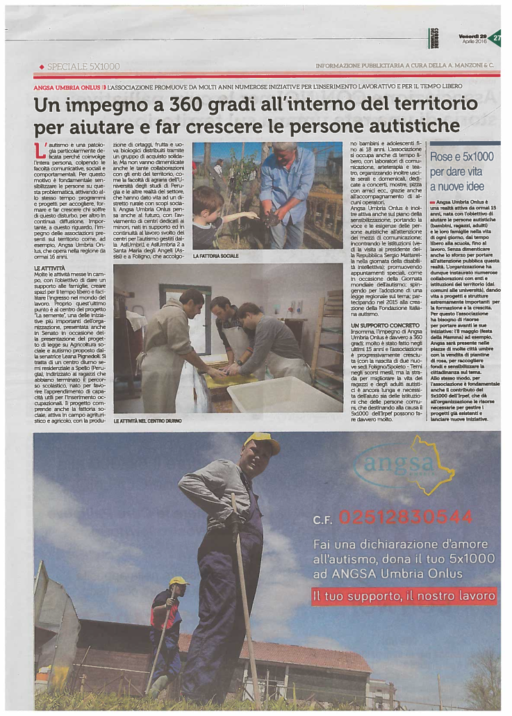 Iª Campagna 5x1000 ANGSA Umbria 2016 Corriere dell'Umbria