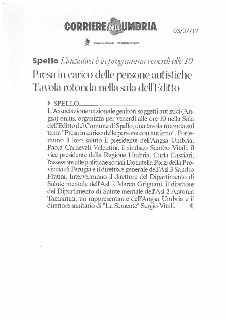 Tavola rotonda su autismo - ANGSA Umbria su Corriere dell'Umbria 2012