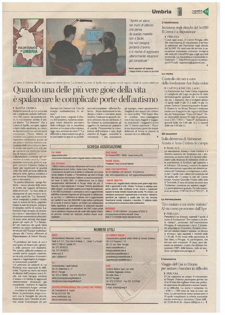 Corriere dell'Umbria - Volontariato e profilo ANGSA Umbria 2013
